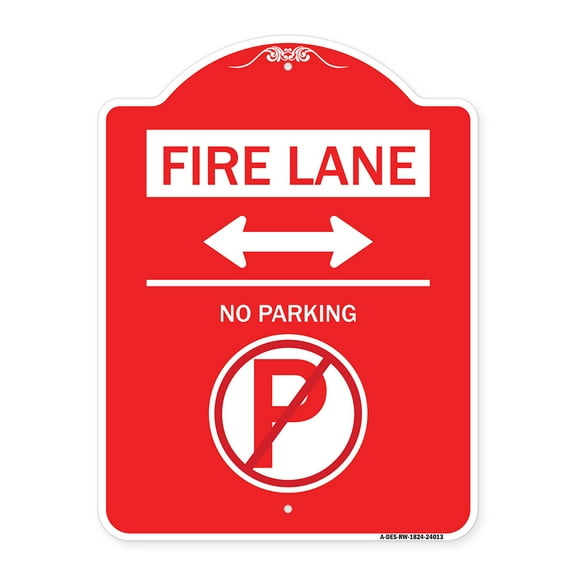 SignMission A-DES-RW-1824-24013 18 x 24 in. Designer Series Sign - Fire Lane No Parking with No Parking Symbol & Bidirectional Arrow, Red & White