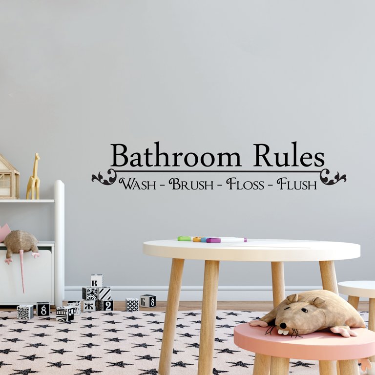 Bathroom Rules Vinyl Wall Decal - Wash Brush Floss Flush Quote Decor Sticker