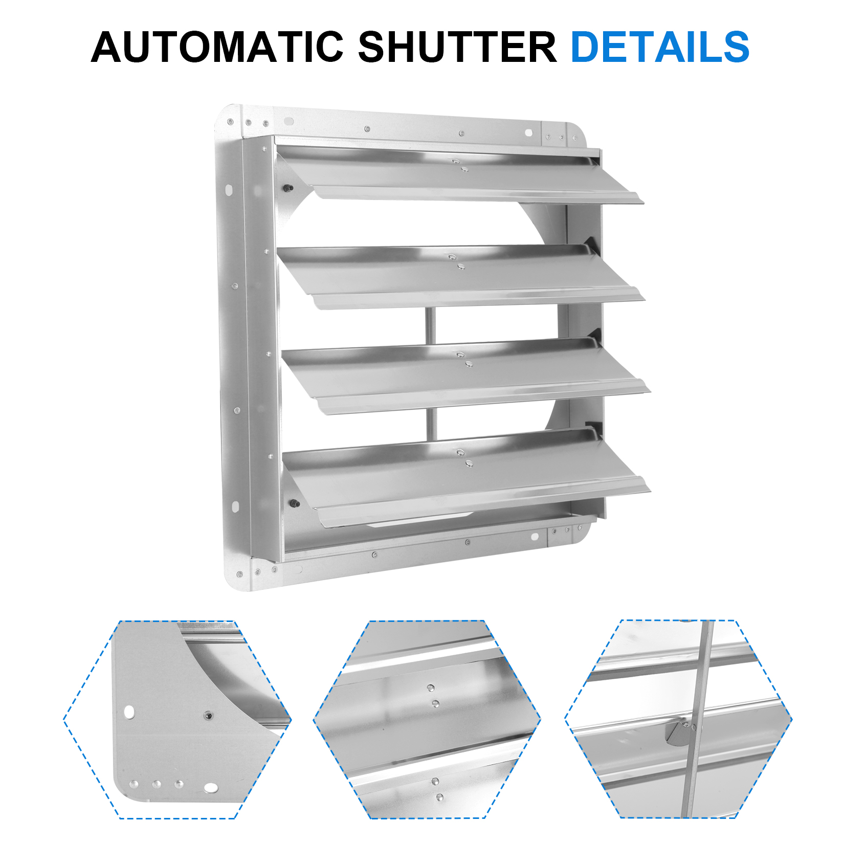 16Inch Square Aluminum Automatic Gravity Shutter Louver Vent, Silver