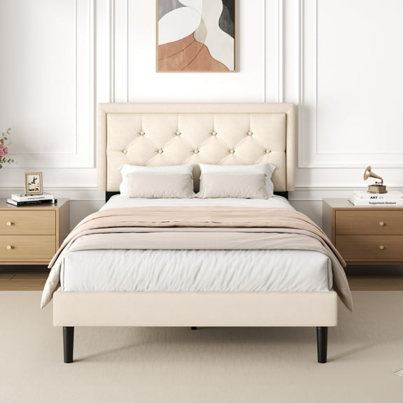 Lijimei Full Size Platform Bed Frame with Upholstered Button Tufted Headboard, Easy Assembly, No Box Spring Needed, Black, Velvet Fabric