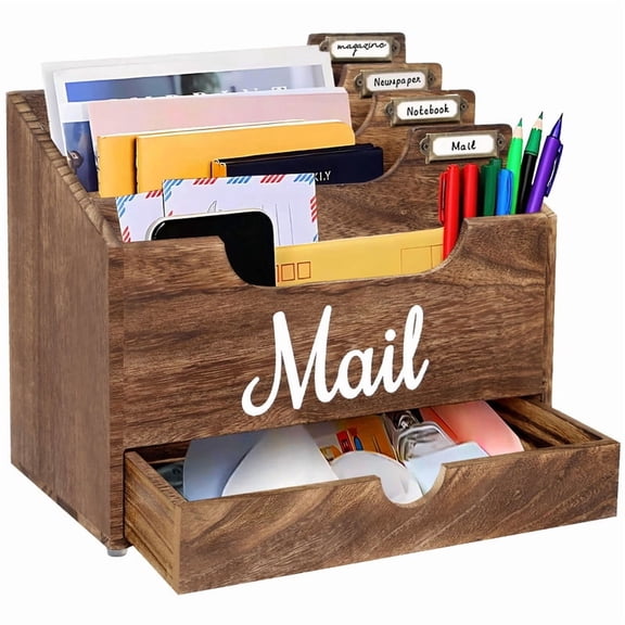 Desktop Mail Organizer With Drawer, Dark Wood Mail Holder Sorter Organizer Holder, Countertop Desk Office Accessories Organizer For File Letter Paper Folder, Desktop Organizer