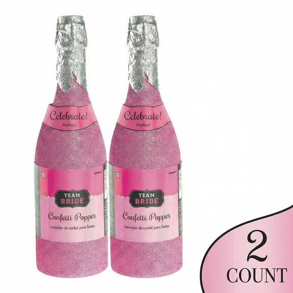 Pink Glitter Plastic Champagne Bottle Confetti Popper Team Bride for Bachelorette Bridal Shower 2 Pack 12.75 Inch