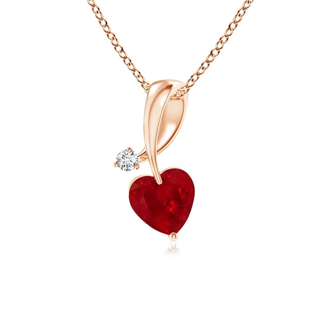 Angara Natural Ruby Necklace - Heart-Shaped Ruby Ribbon Pendant with Diamond in 14K Rose Gold for Women
