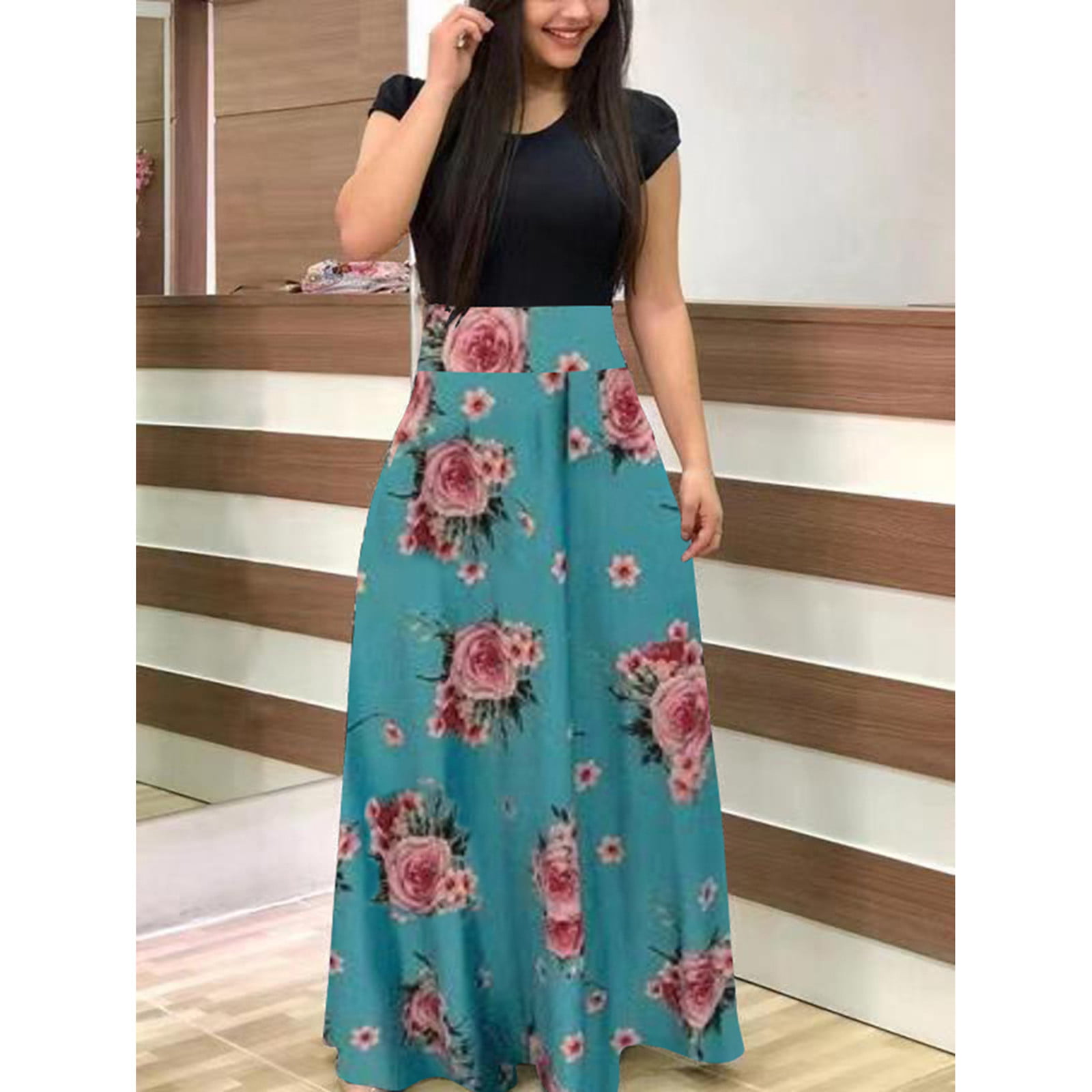 〖TOTO〗Maxi Dresses For Women Style Floral Print Color Matching Dress ...