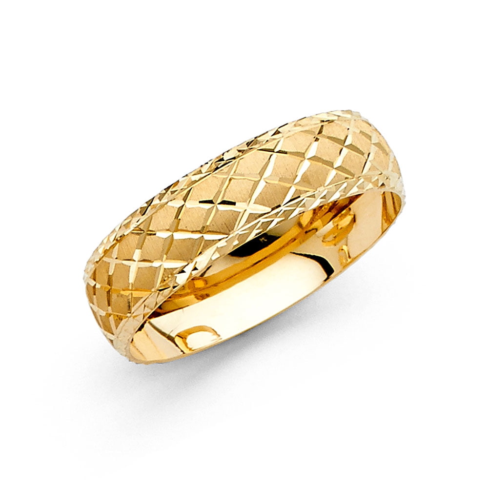 FB Jewels 14k Gold Round Cubic Zirconia Yellow Ring 6MM Diamond-Cut Anniversary Wedding Band 