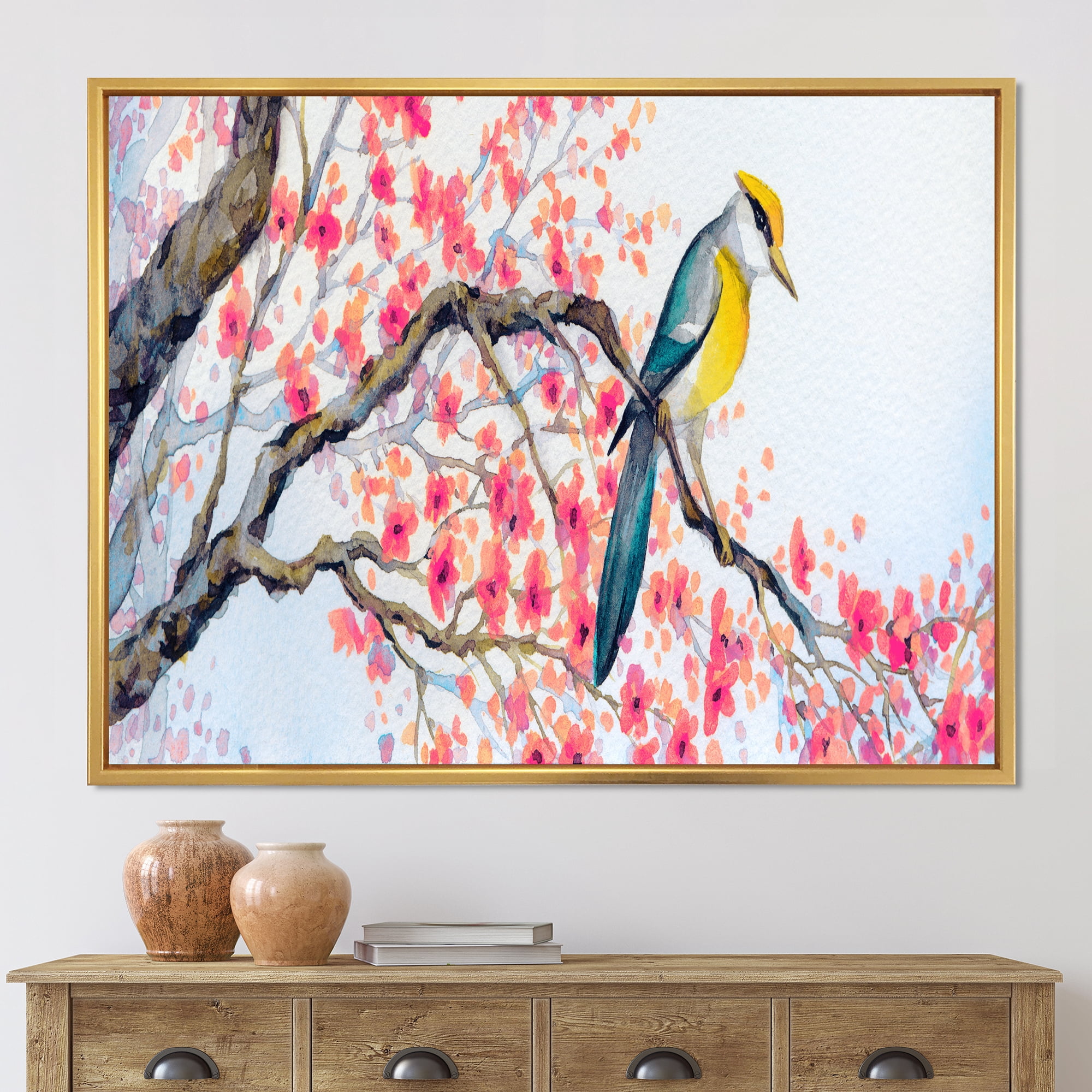 Designart 'Beautiful Pink Bird Sitting On Flowering Branch I' Traditional Framed Canvas Wall Art Print