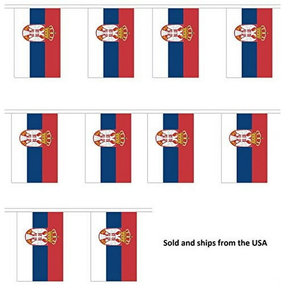 10' Serbia String Flag Party Bunting Has 10 Serbian 6"x9" Polyester Banner Flags Attached, Popular For School Classroom, Bars, Restaurants, World Cup Theme Parties