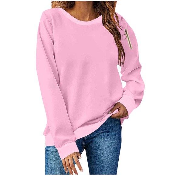JGGSPWM Chandails à Col Rond Unis pour Femmes Légers Amples Décontractés à Manches Longues Tuniques Mignonnes Pulls Roses m