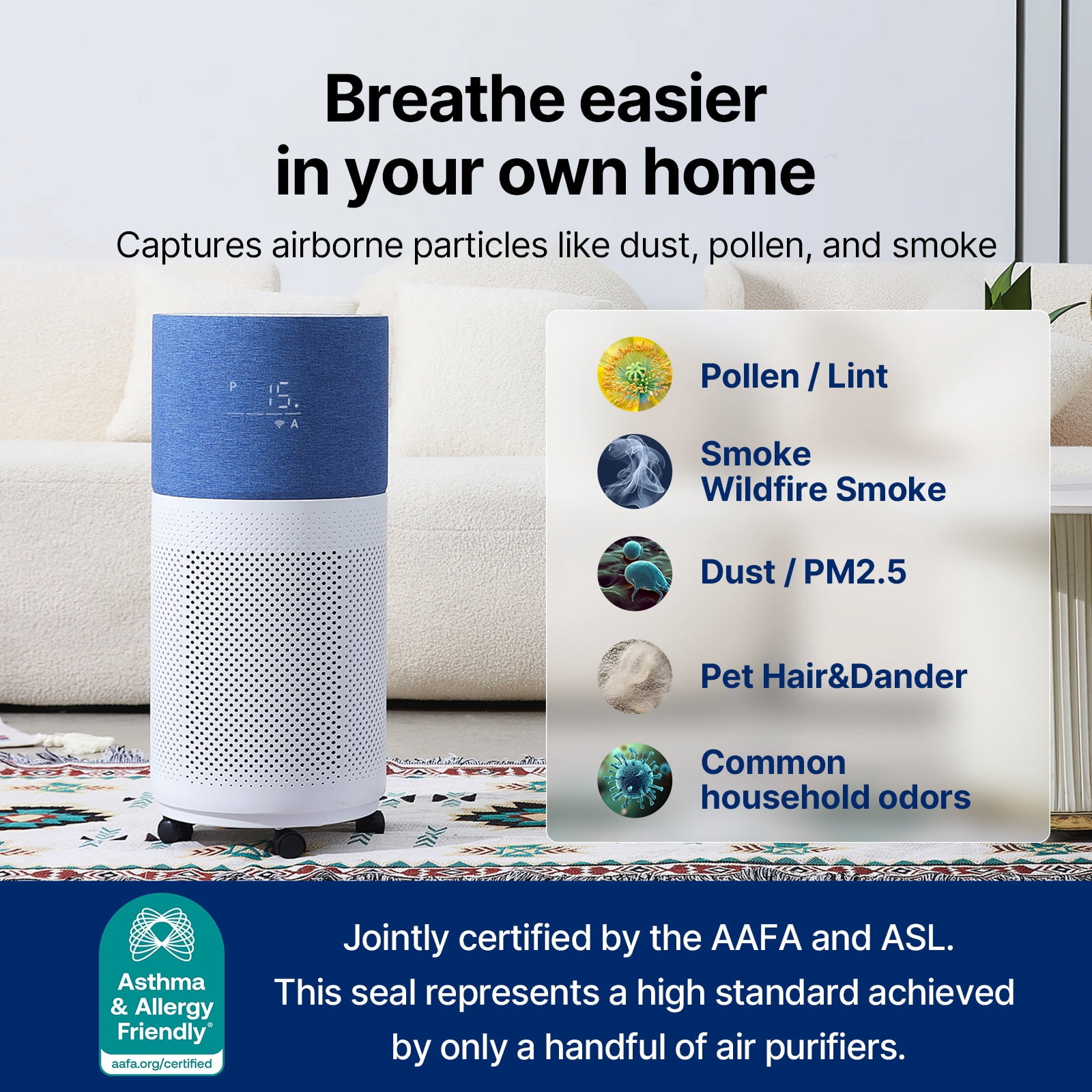 CleanForce HEPA Air Purifier for Home, Covers up to 2250 sq ft, Quiet Operation, Works with Alexa, Voice Control, Rainbow Gray