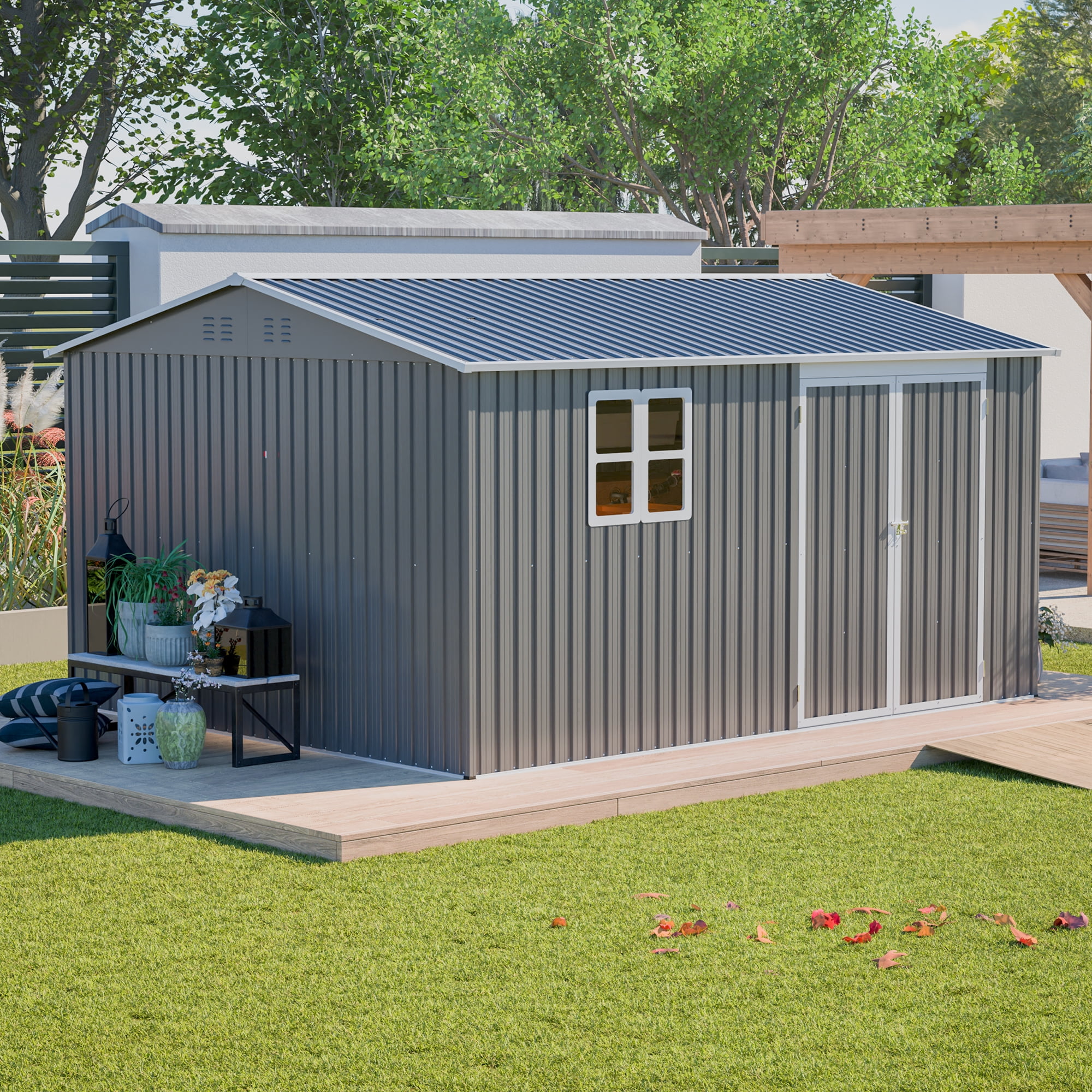 LZBEITEM 12'x10' Outdoor Storage Shed with Floor Frame & Window, Metal Garden Shed Kit, Backyard Shed, Lockable Doors for Backyard Patio Lawn, Gray