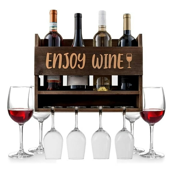 Wall Mounted Wine Rack - 4 Wine Glasses Included 12 oz - Rustic Wood Wine Glasses & Bottle Holder, Housewarming Home décor Storage Wine Gifts - Wine Accessories for Women