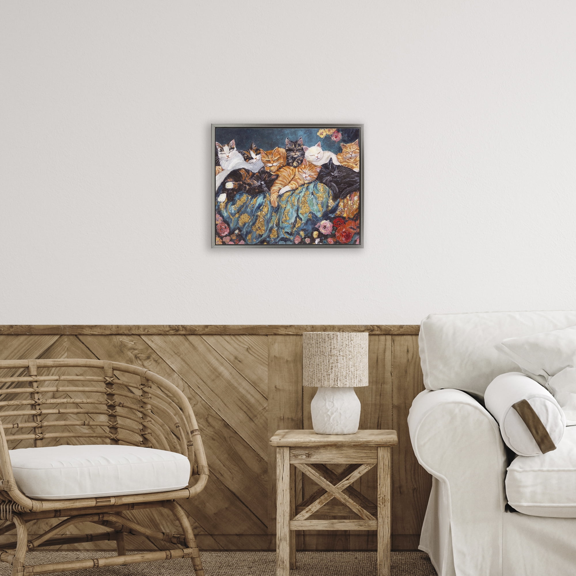 Sleepy Kitty Crowd with Flowers Gray Framed Floater Canvas Wall Art, design by Sara Culpepper