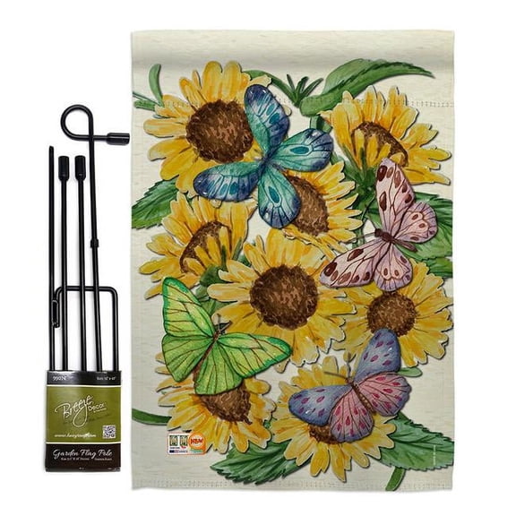 Breeze Decor BD-FL-GS-104093-IP-BO-D-US17-BD 13 x 18.5 in. Butterflies on Sunflower Spring Floral Impressions Decorative Vertical Double Sided Garden Flag Set with Banner Pole