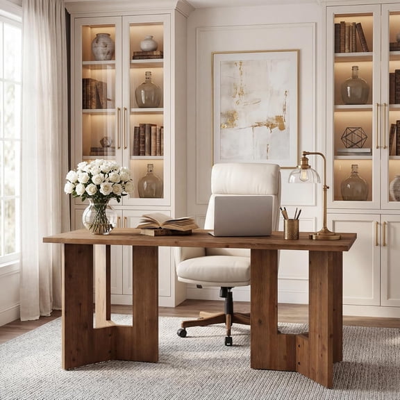 Finmind 63" Solid Wood Executive Desk, Farmhouse Home Office Computer Desk, Large Work Writing Table, Walnut