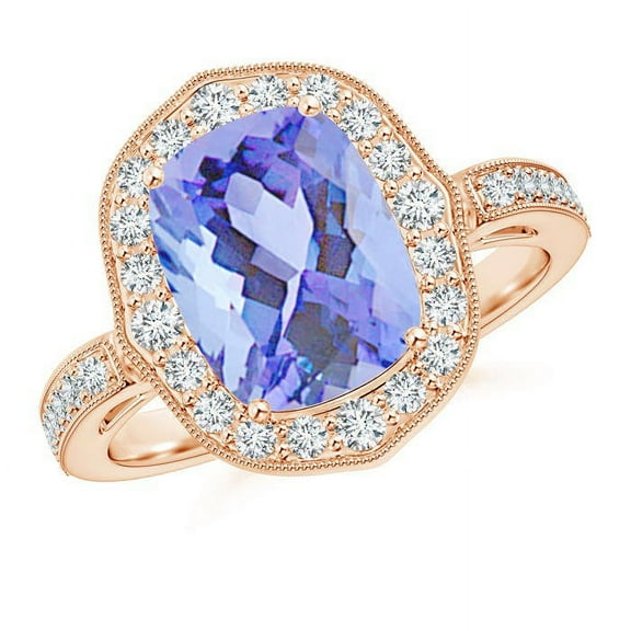 ANGARA Natural Cushion 2.6 ct Tanzanite Halo Ring in 14K Rose Gold for Women (Size-10x8mm) | December Birthstone, Birthday, Anniversary, Jewelry Gift for Women | Natural Tanzanite Ring