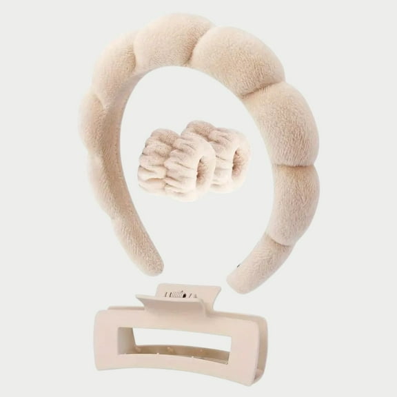 Khaki Puffy Spa Headband and Wristband Set for Women and Girls