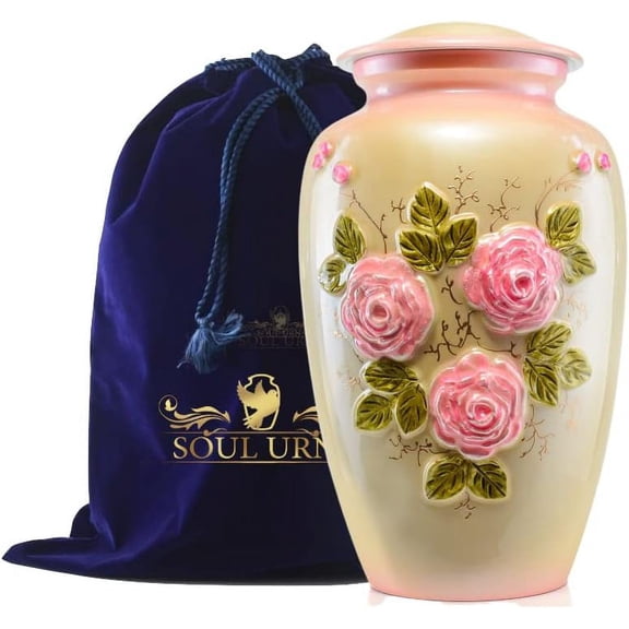 Pink Flower Cremation Urn for Adult Ashes- Handcrafted Large Rose Urn for Human Container Men & Women- Decorative Metal Funeral Burial Vase with Velvet Bag