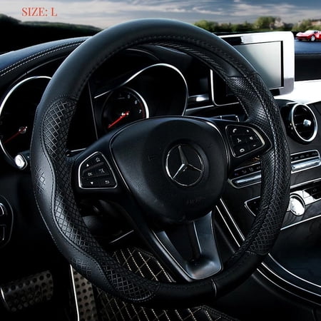 Black Leather Steering Wheel Cover Cowhide Wheel Cover Genuine Leather Steering Wheel Covers Universal Size L / 15.5inch (B-Black-L)