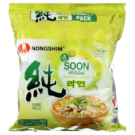 Nongshim Soon Veggie Savory Vegan Ramyun Ramen Noodle Soup Pack, 3.95oz X 4 Count, Shelf-Stable