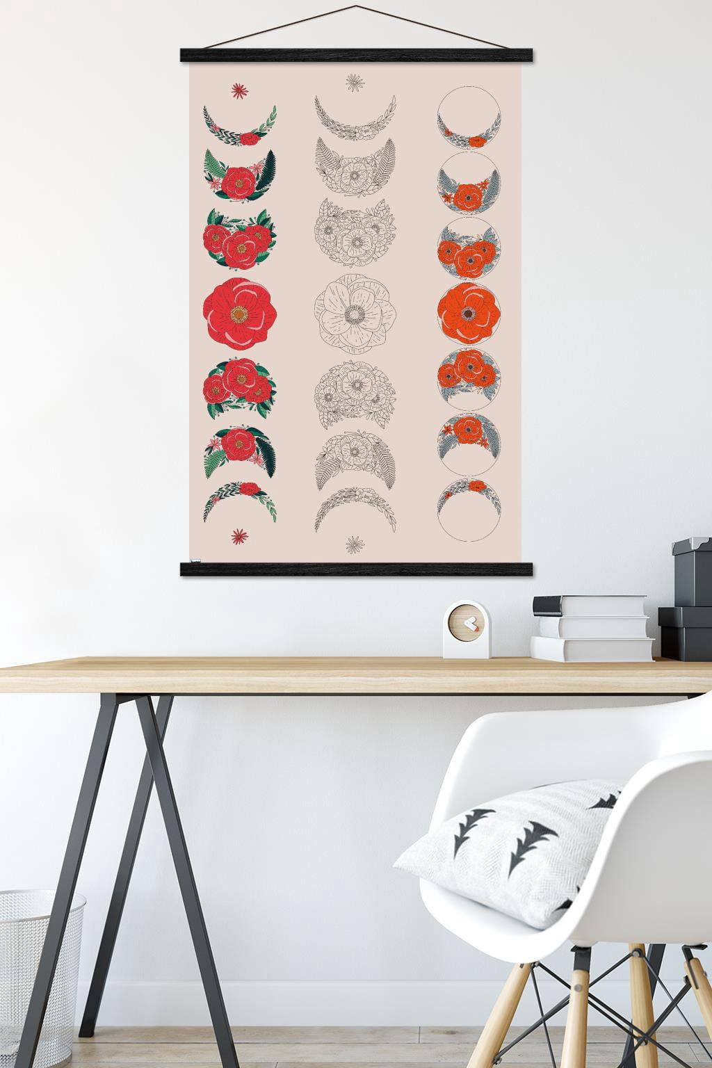 Floral Phases of the Moon Wall Poster with Magnetic Frame, 22.375" x 34"