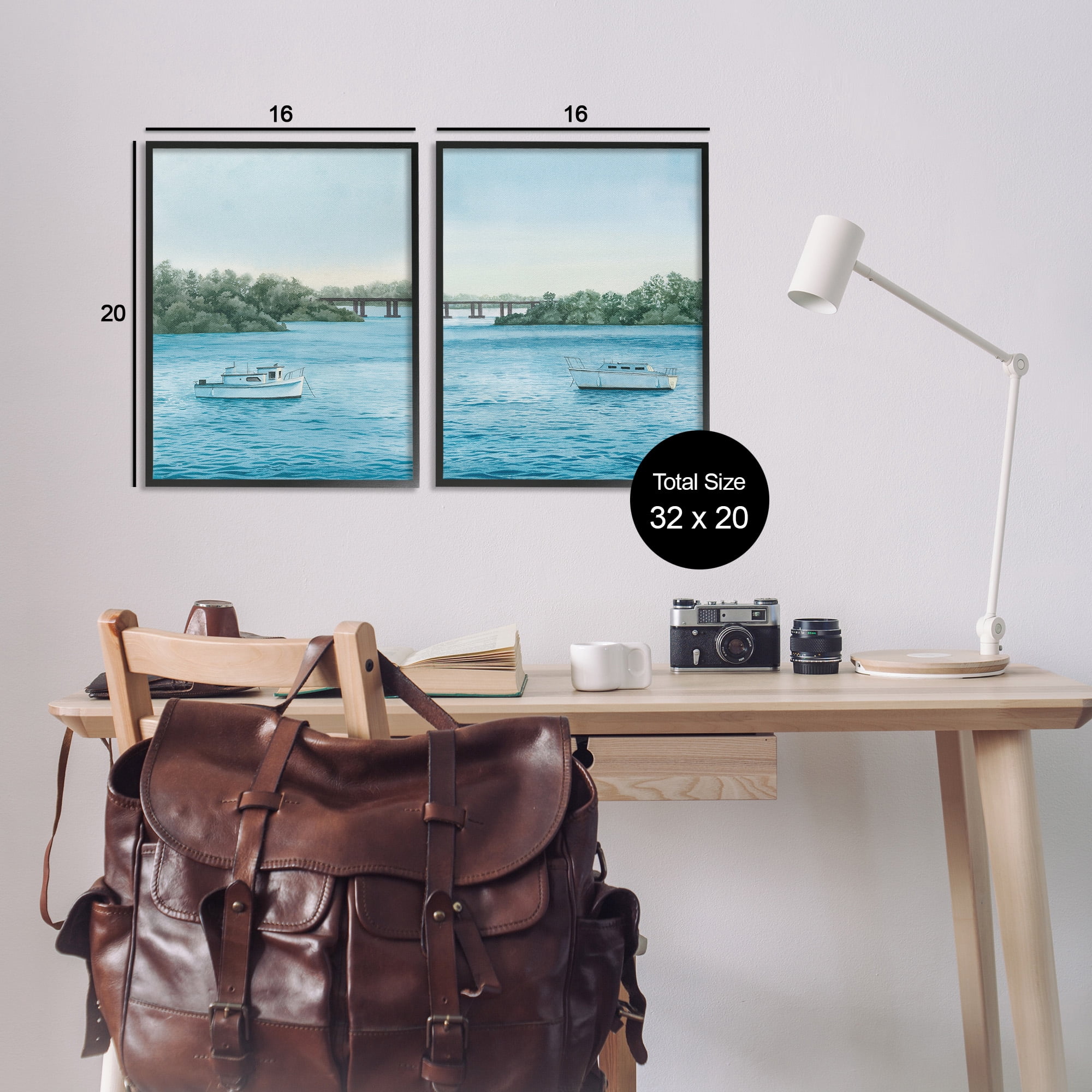 Stupell Industries Serene Summer Boats Landscape Painting Black Framed Art Print Wall Art, 16 x 20, Set of 2