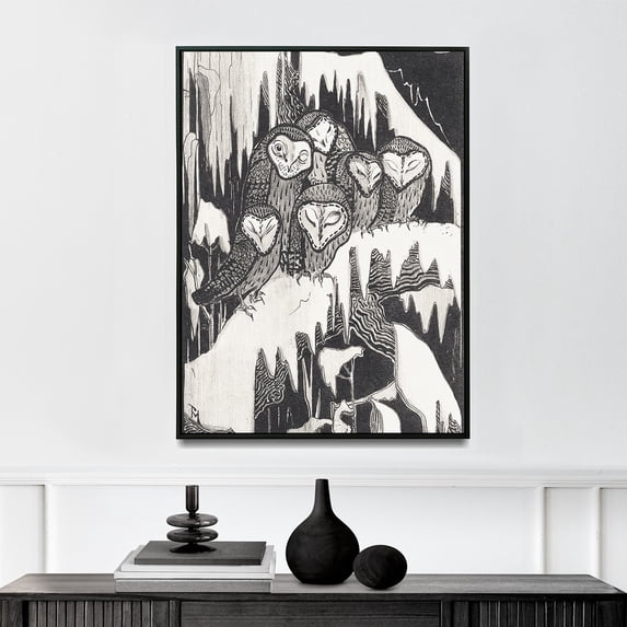 Zes Kerkuilen Slapend Op Besneeuwde Takken - 1939 | Theo Van Hoytema | Premium Fine Art Print | 20th Century Dutch | Art Nouveau | Portrait | Nature Art