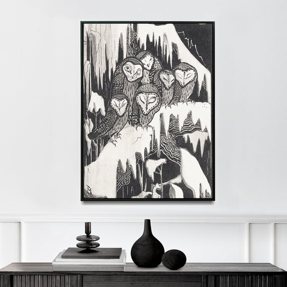 Zes Kerkuilen Slapend Op Besneeuwde Takken - 1939 | Theo Van Hoytema | Premium Fine Art Print | 20th Century Dutch | Art Nouveau | Portrait | Nature Art