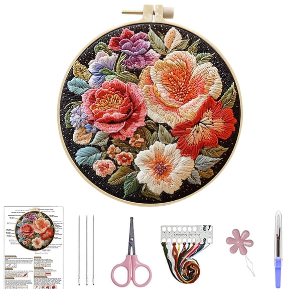 FLOPESN DIY 3D Colorful Flowers Pattern Hand Embroidery Kit ,Creative Design Beginner-Friendly Round Hoop Decorative Painting for craft lover