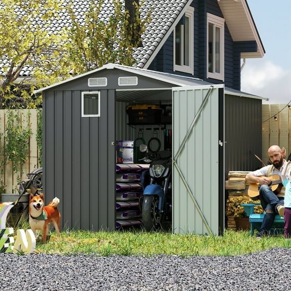 6x8 FT Outdoor Storage Shed - Compact Steel Tool Shed with Lockable Doors, 4 Louver Vents & Window, All-Weather Metal Garden Shed for Bike, Lawn Tool Storage (Dark Grey)