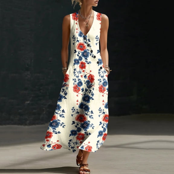 Qulqfy Dressy Summer Dresses for Women Maxi Floral Wedding Guest Sleeveless Deep V-Neck with Pockets Spring Flowy Boho Beach Sundress L