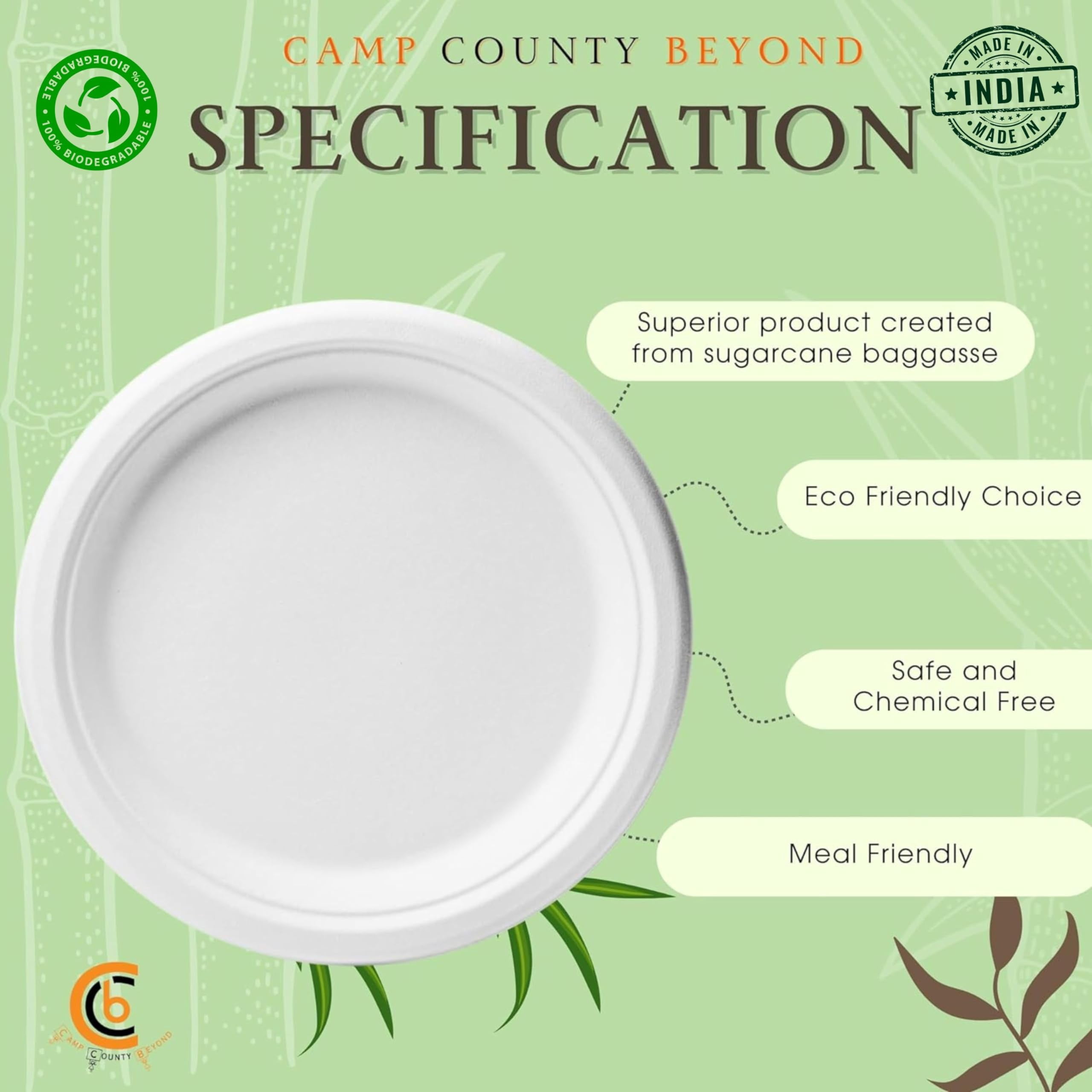 camp county beyond 100% Compostable Disposable AFN17" Paper Plates,Bagasse Natural Eco-Friendly, Sugarcane,Biodegradable Dessert 7" Plates Heavy Duty Paper Plates Pack of 75