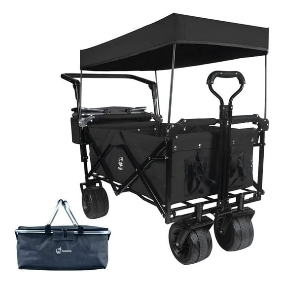 Collapsible Wagon 140L - Foldable Beach Wagon with Canopy & Brake - Heavy Duty Utility Cart for Camping,