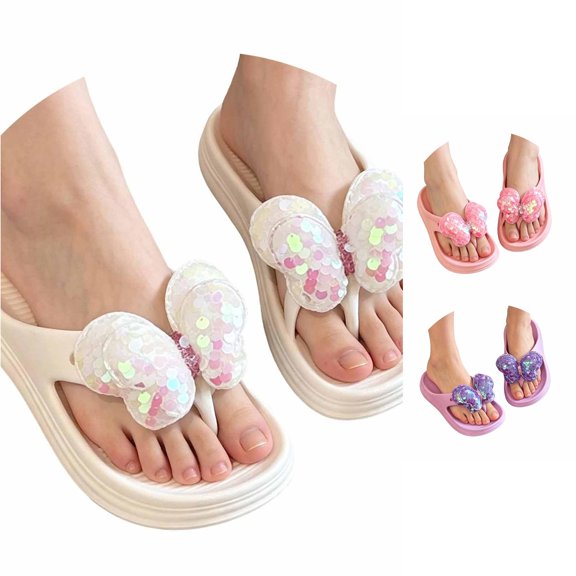 JAJAHO Girls Summer Flip Flops Sparkly Sequins Butterfly Soft Sole Non- Indoor Outdoor Slippers 4-12Y
