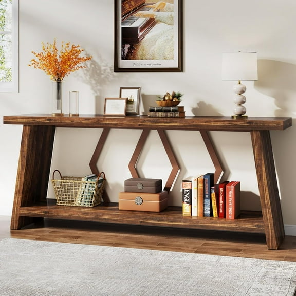 Tribesigns 70.86-Inch Long Sofa Table, 2-Tier Narrow Console Table with Storage, Wood Foyer Entryway Couch Table for Hallway, Entrance, Brown
