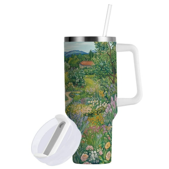 Yayeee 40oz Double-Wall Insulated Stainless Steel Tumbler with Handle Bottle, Garden Scene