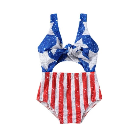 

Toddler Baby Girl 4th of July Swimsuit American Flag Swimwear Cut Out One Piece Bathing Suit Tie Front Monokini