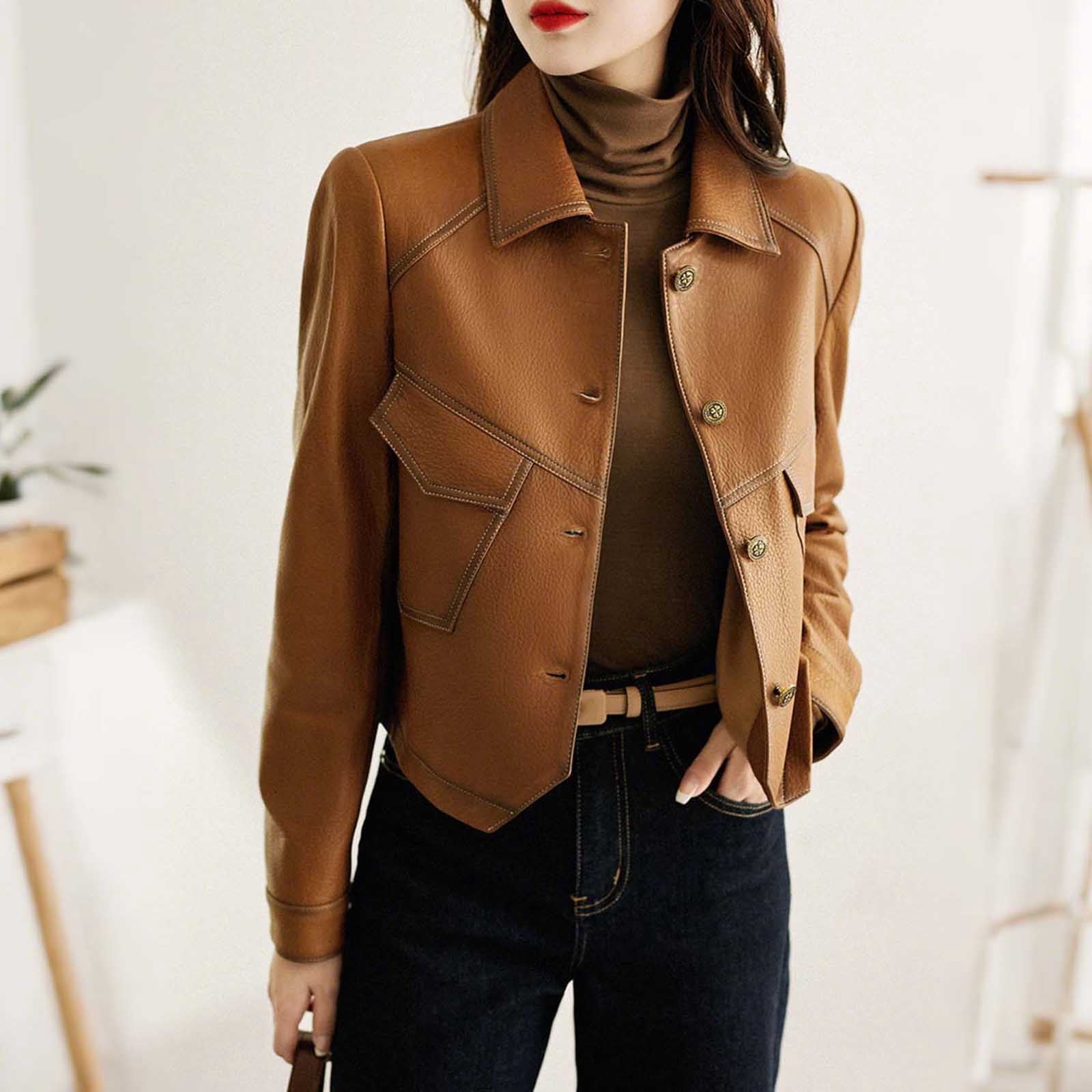TKLPEHG Leather Jacket Women Cropped Vintage Faux Leather Jackets Long Sleeve Button Lapel Coats Spring Fall Fashion Coats (Brown,XXXL)