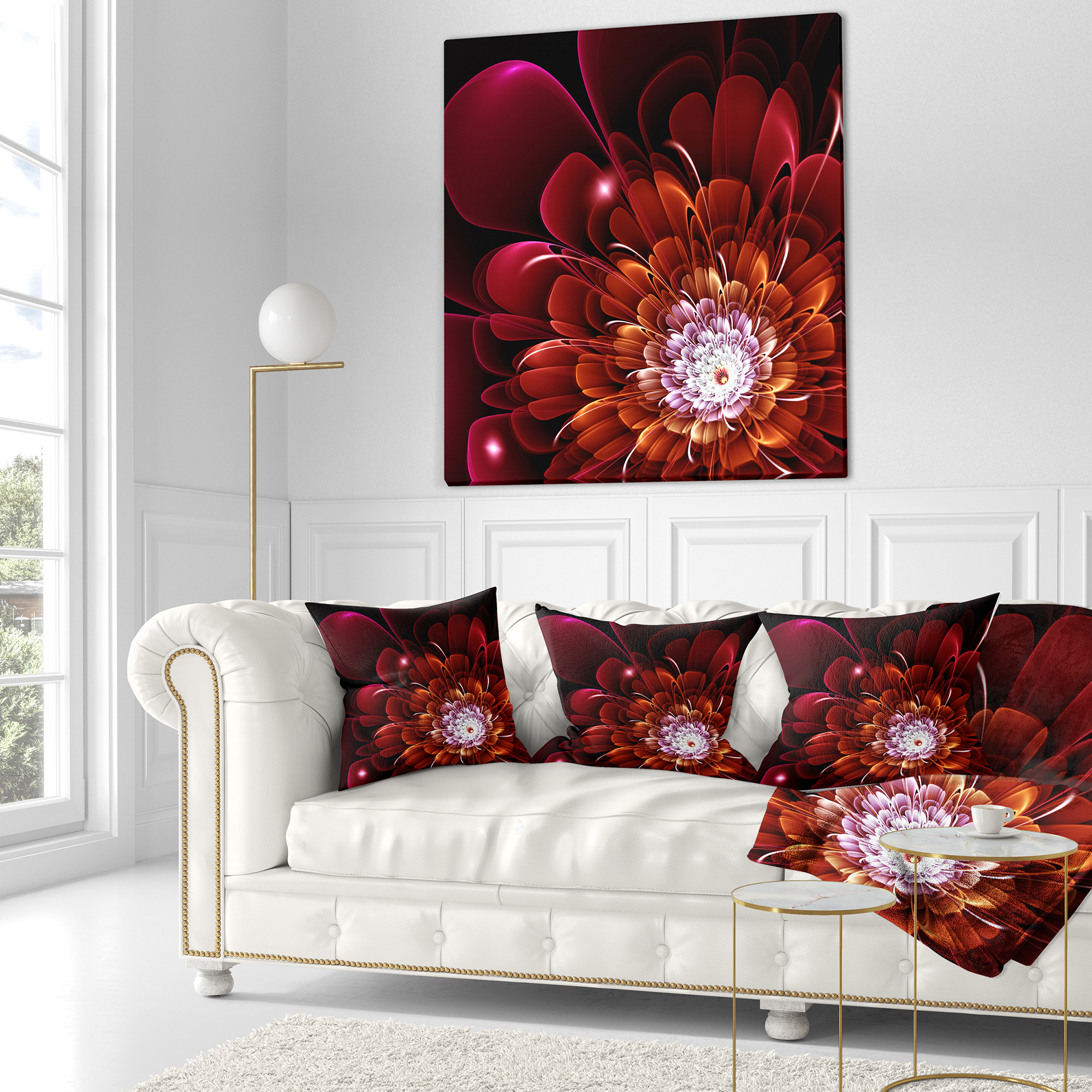 Designart Fractal Red and Yellow Flower - Floral Throw Pillow - 16x16