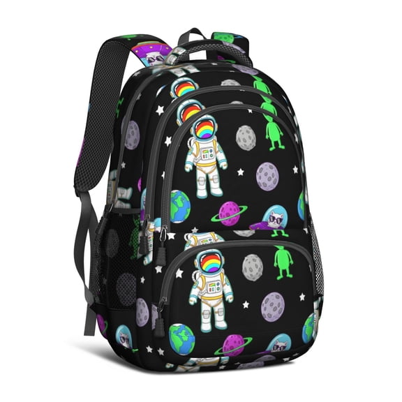 Astronaut and Alien Black Pattern Backpack for School, Cute School Bag with Adjustable Shoulder Straps and Padded Back, 16.9"x12.6"x5.9"