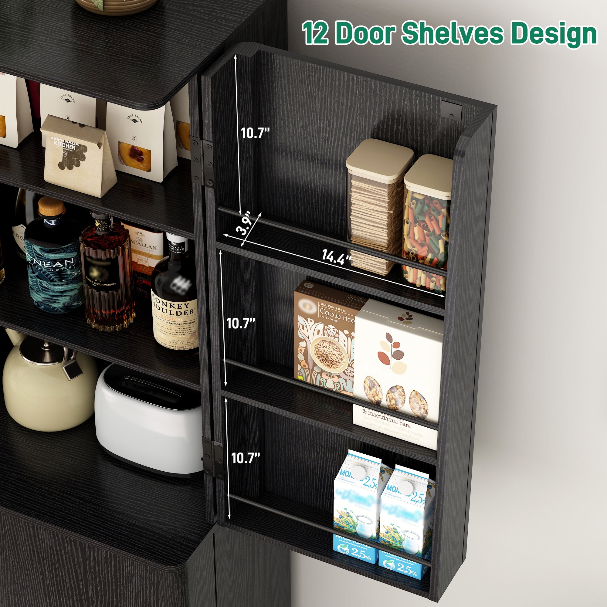 Blotout 72" Tall Kitchen Pantry Cabinet w/ 12 Side Shelves, 6 Layers Modern Cabinet Wood Cupboard, 4 Wood Doors Storage Cabinet w/ Adjustable Shelves for Kitchen, Dining Room, Living Room, Black