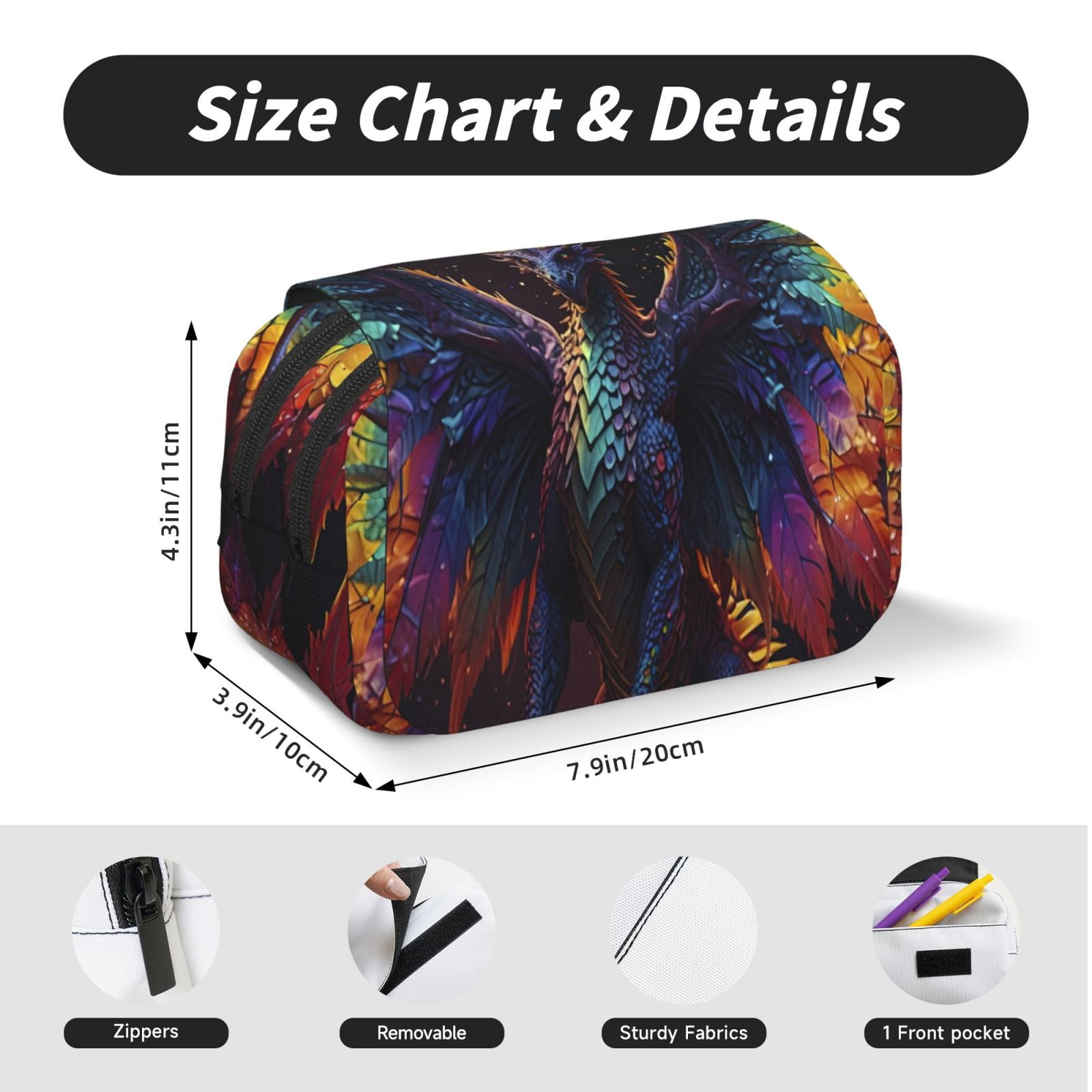 Rateoe Rainbow Wings Majestic Dragon Pattern Double Clamshell Pen Case, Storage Organizer with Two Zipper Compartments– Holds Up to 50 Pencils & Pens