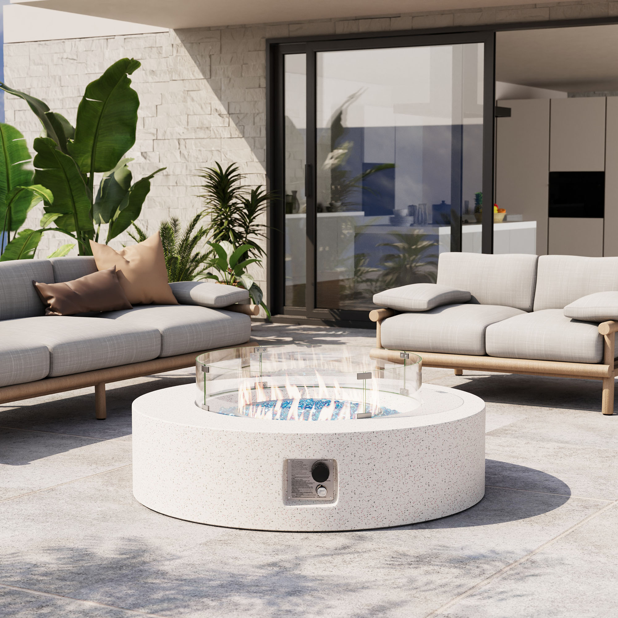 VENTOPYR Outdoor Propane Fire Pit Coffee Table, 40.5-inch Round, White Terrazzo Finish with Wind Guard, Aqua Blue Fire Glass, Rain Cover