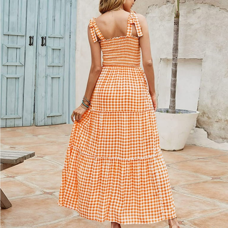 qolati Summer Dresses for Women 2024 Casual Sleeveless Plaid Party Maxi  Dresses Cute Spaghetti Strap Tiered Flowy Beach Long Dress - Walmart.com