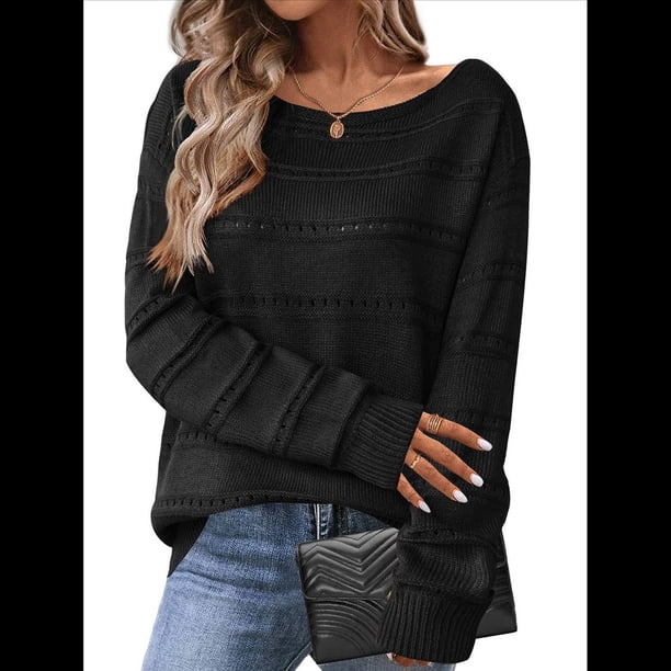Blusa de Moda para Mujer con Aberturas y Hombros Descubiertos, de Suave y Mangas , para Exteriores. Negro L