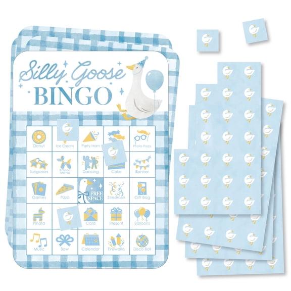 Big Dot of Happiness One Silly Goose Blue Bingo Cards and Markers, Boy 1st Birthday Party Activity, Picture Bingo Game - Set of 18
