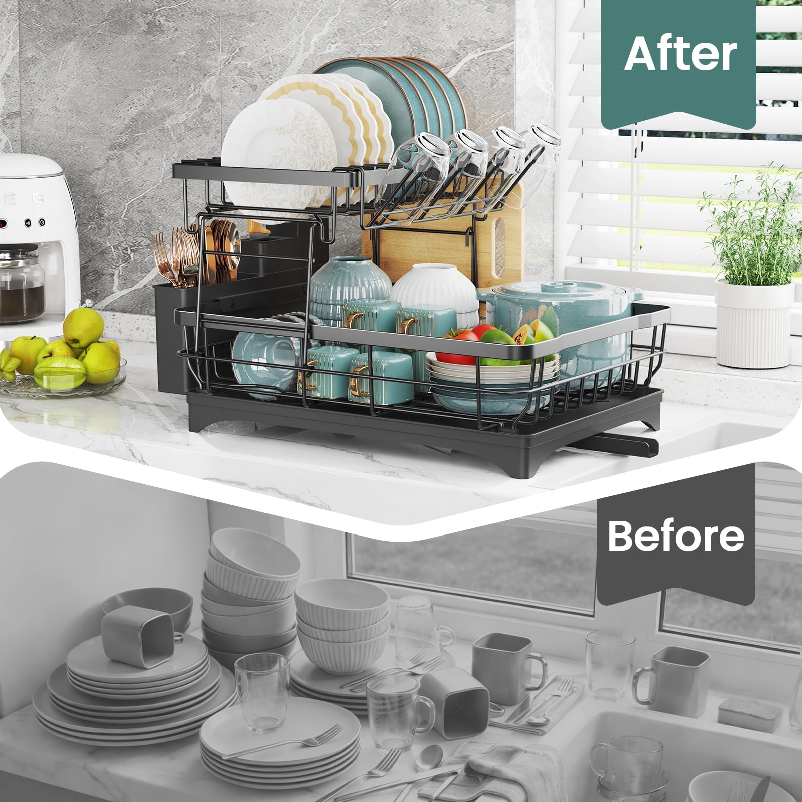 Yeabett 2 Tier Dish Drying Rack Stainless Steel,Dish Racks with Water Tray Dish Drainer for Kitchen Counter with Utensil & Cup Holder