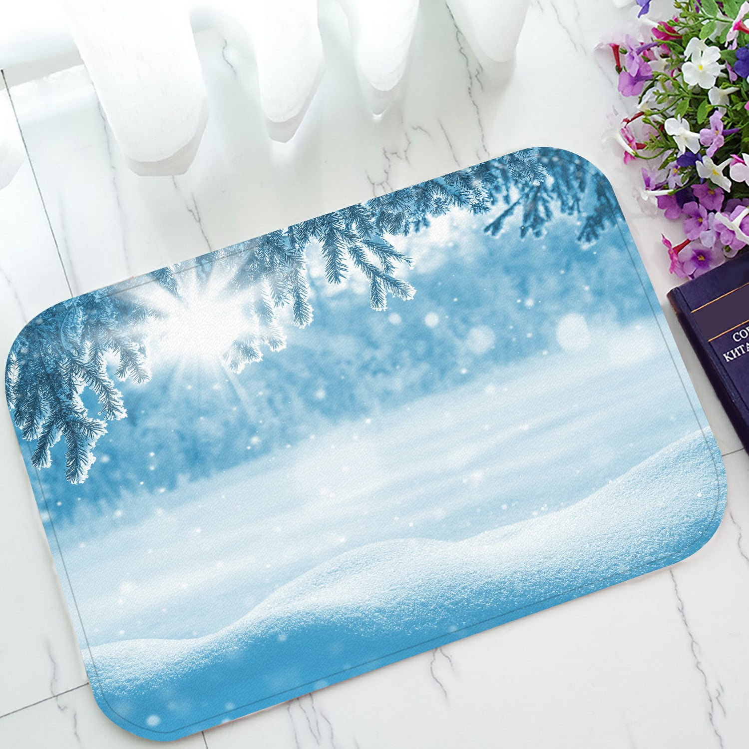 ABPHQTO Winter Snow Drifts Christmas Tree Frost Doormat Entrance Rug