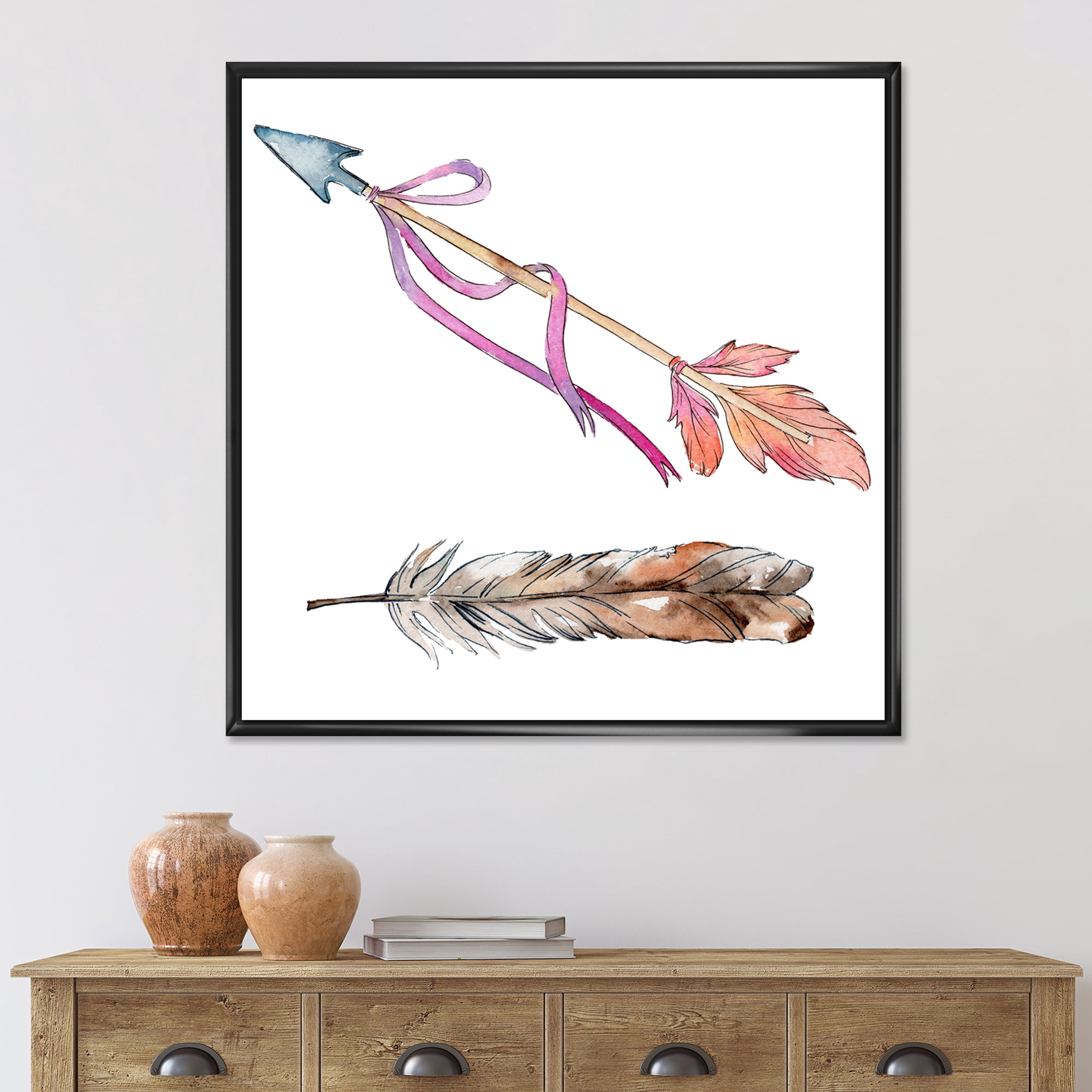 Pink Bird Feather From Wing on Arrow 16" x 16" Framed Painting Canvas Art Print, by Designart
