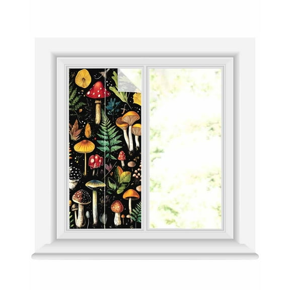 Window Privacy Film Yellow Mushroom Stained Glass Window Film Decorative Sun Block Window Cover Spring Summer Botanical Vintage Black Window Clings Static Adhesive Sticker for Bathroom 19.6"x39.3"