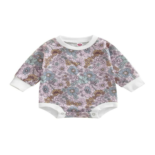 Combinaison à Manches Longues pour Nouveau-Né, Imprimé Floral, Col Patchwork, Barboteuse Décontractée Style Simple, Barboteuse Courte
